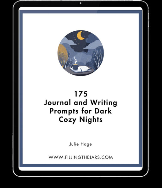 Digital book cover of '175 Journal and Writing Prompts for Dark Cozy Nights' by Julie Hage on a tablet screen.