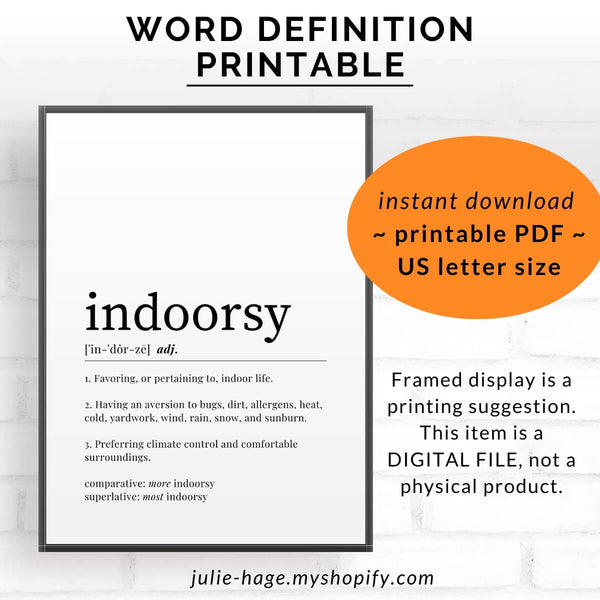 Indoorsy Definition Printable Wall Art *digital product*
