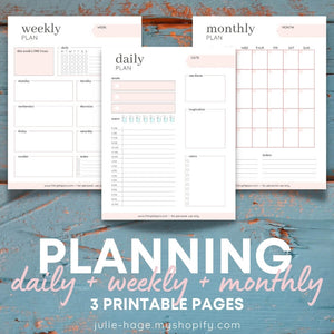 Daily Weekly Monthly Planning 3-Page Set - Monday Start: printable *digital product*